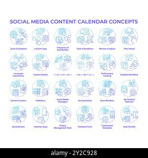 Social media content calendar blue gradient concept icons Stock Vector
