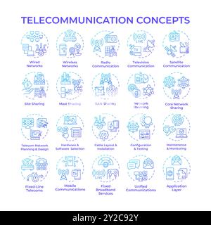 Telecommunications blue gradient concept icons Stock Vector