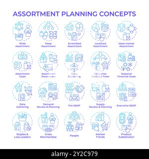 Assortment planning blue gradient concept icons Stock Vector