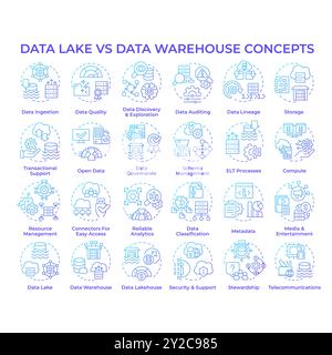 Data lake vs data warehouse blue gradient concept icons Stock Vector