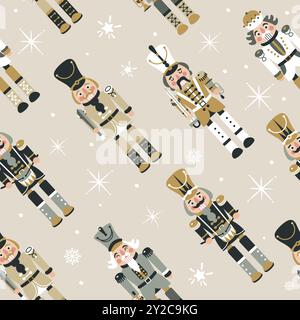 Seamless Christmas Pattern with Nutcrackers in Vector on beige. Stock Vector