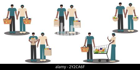 Two black gay men holding baskets, grocery bags, and a shopping cart. For diverse and inclusive designs on the theme of black people shopping. Stock Vector