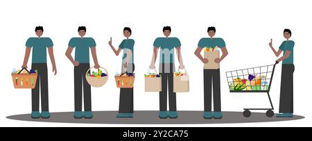 Vector illustration of black man holding baskets, grocery bags and pushing cart. Flat style design for black people shopping theme. Stock Vector