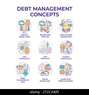 Debt management multi color concept icons Stock Vector