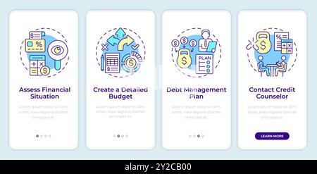 Debt restructuring process steps onboarding mobile app screen Stock Vector