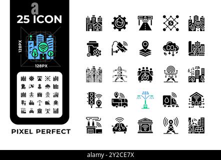 Smart city pixel perfect black glyph icons set on white space Stock Vector