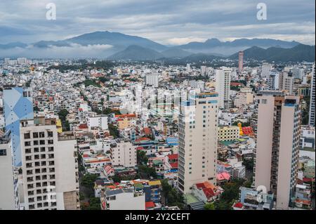 Panoramic aerial view of Nha Trang city in Vietnam in the morning with sky and clouds. Nha Trang, Vietnam - July 18, 2024 Stock Photo