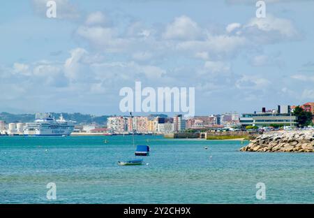 Brittany Ferries RoRo ferry Pont Aven in the bay with the Maritime Museum and small boats arriving to the port of Santander Cantabria Spain Europe Stock Photo