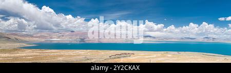 Panorama of Manasarovar lake in Western Tibet, China, copy space for text Stock Photo