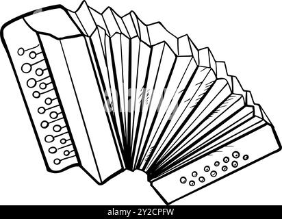 Accordion folk musical instrument black white outline vector illustration isolated. Keyboard musical instrument silhouette painted by ink for design Stock Vector
