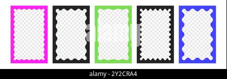 Vector set of rectangle squiggle photo frames with wavy edges. Zigzag wave borders, wiggly rectangular shapes. Empty text boxes, mirrors or color framework with scallop line border on white background Stock Vector