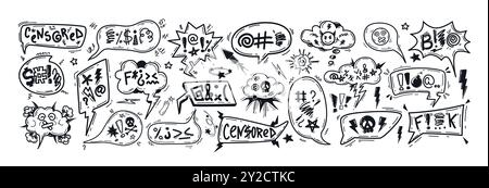 Hand drawn doodle sketch speech bubbles with insults, curses, swear word symbols and offensive language. Bad words in talk frames, comic explosion boxes or chat balloons for angry, negative expression Stock Vector