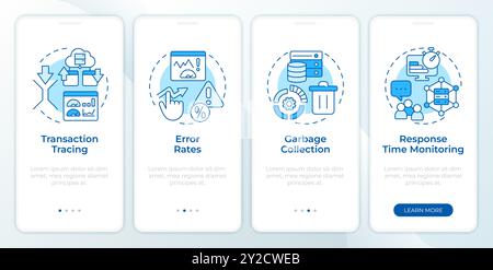 Application performance metrics blue onboarding mobile app screen Stock Vector