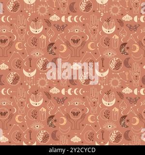 Seamless pattern Mystical moon phases and woman hands and moth, alchemy esoteric magic space, vector isolated on beige background Stock Vector