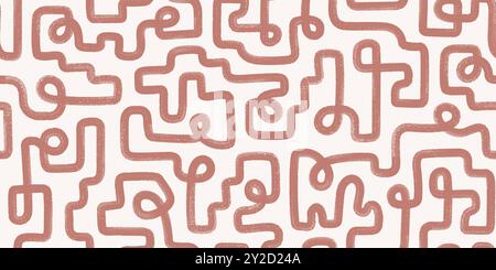 Brush drawn line maze, labyrinth, squiggles seamless pattern. Bold curved strokes ornament. Geometric abstract geometric background. Stock Vector