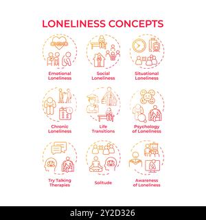 Loneliness red gradient concept icons Stock Vector