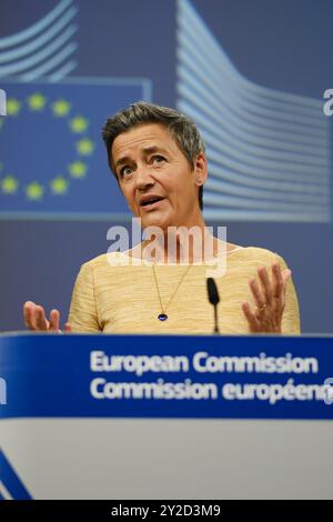 Brussels, Belgium. 10th Sep, 2024. EU Commissioner Margrethe Vestager holds a press conference after Europe's top court ruling on Apple's fight against an order by EU competition regulators to pay a record 13 billion euros in back taxes to Ireland, in Brussels, Belgium on September 10, 2024. Credit: ALEXANDROS MICHAILIDIS/Alamy Live News Stock Photo