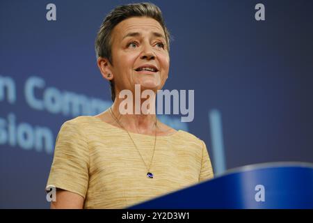 Brussels, Belgium. 10th Sep, 2024. EU Commissioner Margrethe Vestager holds a press conference after Europe's top court ruling on Apple's fight against an order by EU competition regulators to pay a record 13 billion euros in back taxes to Ireland, in Brussels, Belgium on September 10, 2024. Credit: ALEXANDROS MICHAILIDIS/Alamy Live News Stock Photo