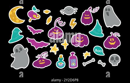 Halloween stickers set. Cute jack o lantern pumpkins, ghosts, hats and others kit. Collection of autumn festival elements. Vector hand drawn flat illu Stock Vector