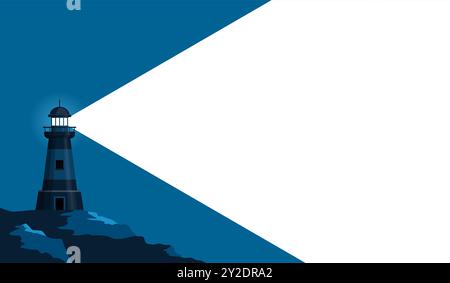 Lighthouse banner with light ray in dark blue and space for text. Beacon Sea coast or ocean beach rocks and lighthouse buildings. Flat minimal poster Stock Vector
