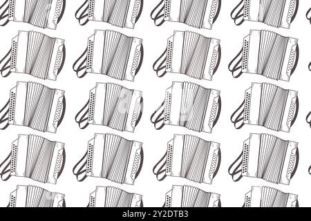 Folk musical instruments, accordion, accordion, all objects are hand drawn in vector in gray color. Seamless vector pattern. Suitable for printing Stock Vector