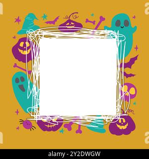 Halloween orange template with cartoon holiday characters, vector decorative frames. Spooky ghosts with pumpkins. Various textbooks, stack of books, n Stock Vector