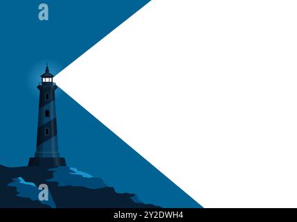 Lighthouse banner with light ray in dark blue and space for text. Beacon Sea coast or ocean beach rocks and lighthouse buildings. Flat minimal poster Stock Vector