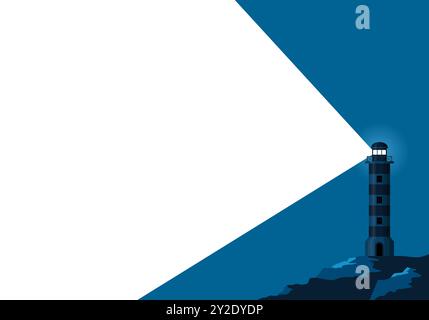 Lighthouse banner with light ray in dark blue and space for text. Beacon Sea coast or ocean beach rocks and lighthouse buildings. Flat minimal poster Stock Vector