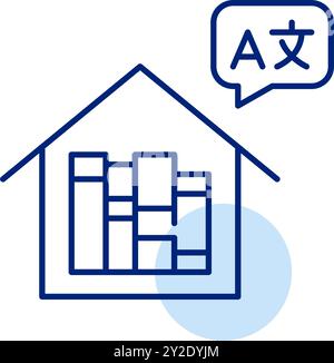Book in a house and foreign languages symbols in speech bubble. Latin letter and Chinese character. Global library. Pixel perfect, editable stroke vec Stock Vector