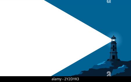 Lighthouse banner with light ray in dark blue and space for text. Beacon Sea coast or ocean beach rocks and lighthouse buildings. Flat minimal poster Stock Vector