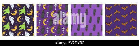 Set of 4 Seamless patterns with cute hand drawn Halloween motifs Stock Vector