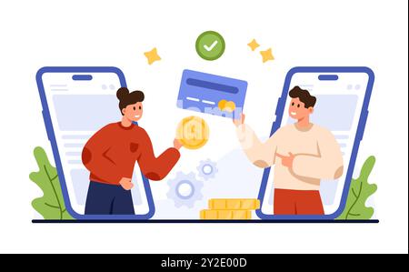 Money transfer, financial payment, online remittance in digital bank mobile app. Tiny people on phones screen holding credit card and gold coin, send and pay money cartoon vector illustration Stock Vector