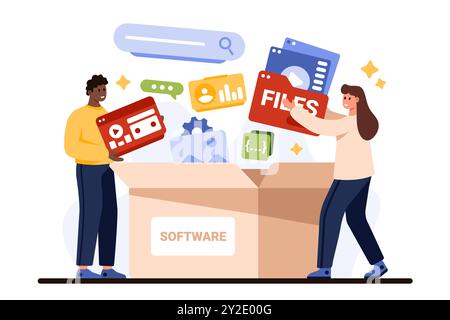 Decentralized packaged software, subscription service for client. Tiny people put multiple icons of different apps in open box for customer, download of application package cartoon vector illustration Stock Vector