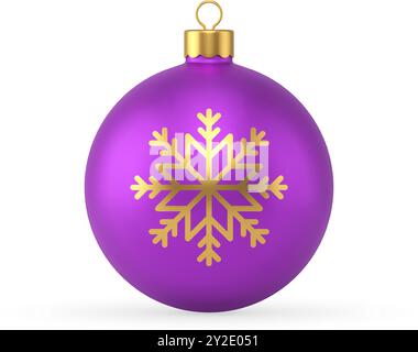 Purple Christmas tree ball realistic mockup vector illustration. Glossy decorative New Year sphere toy for hanging isolated on white. Rounded bauble w Stock Vector