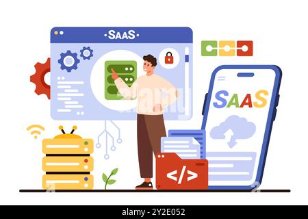 SaaS, software as service. Tiny customer working with cross platform for digital business, smart mobile app for phone with subscription of clients, cloud computing cartoon vector illustration Stock Vector