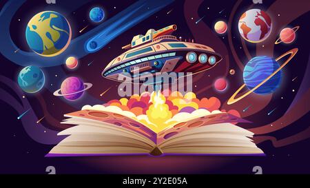 Reading fan fiction literature, imagination about space adventures, kids fantasy and dreams poster. Alien starship flying out of pages of open book, planets of Solar system cartoon vector illustration Stock Vector