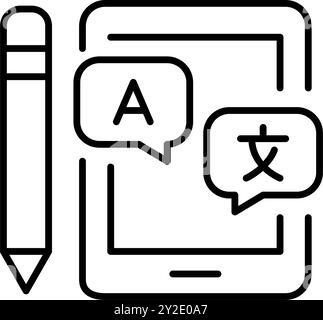 E-tablet, pencil and speech bubbles with Latin letter and Chinese character. Learning foreign languages through communication. Online platforms. Pixel Stock Vector