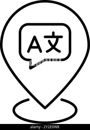 Foreign languages symbols in speech bubble. Location map pointer. Translation services, language learning school. Pixel perfect, editable stroke vecto Stock Vector