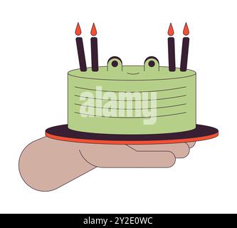 Birthday cake with frog face holding linear cartoon character hand illustration Stock Vector