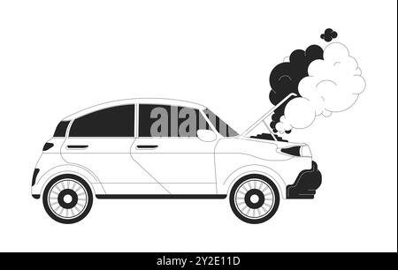 Smoke rising up from broken car black and white 2D line cartoon object Stock Vector