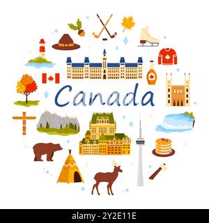 Travel to Canada round banner design. Canada text and culture stickers, elements of landscape and city buildings, animals and Canadian destination, Indian symbols in circle cartoon vector illustration Stock Vector
