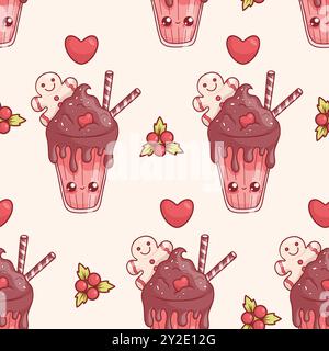 Seamless pattern with Christmas cute kawaii cartoon character glass milk shake with chocolate dessert, gingerbread man and striped candies on beige ba Stock Vector