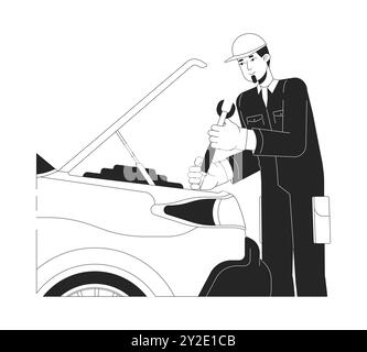 Skilled caucasian mechanic repairing car black and white 2D line cartoon character Stock Vector
