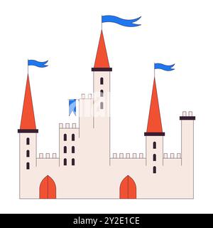Medieval castle with waving flags 2D linear cartoon object Stock Vector
