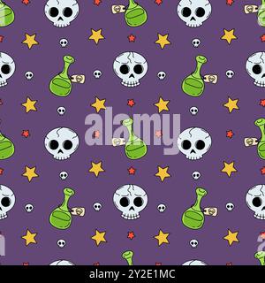 Seamless pattern with cute hand drawn Halloween skulls and magic potions Stock Vector