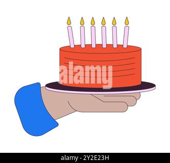 Birthday cake with burning candles showing linear cartoon character hand illustration Stock Vector