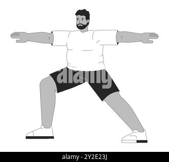 Plus sized black man doing yoga black and white 2D line cartoon character Stock Vector