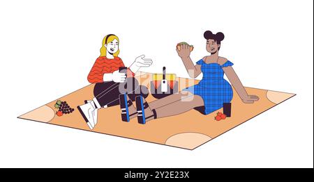 Plus sized diverse women having picnic 2D linear cartoon characters Stock Vector