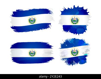 Set of Salvadoran flag icons in the style of painting. Grunge staines and flag of El Salvador background with isolated clipping mask. Creative design. Stock Vector