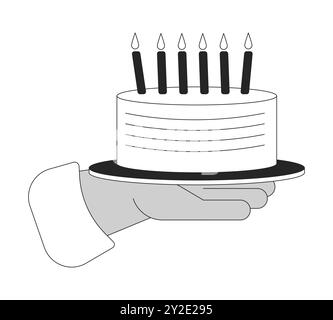 Birthday cake with burning candles showing cartoon human hand outline illustration Stock Vector